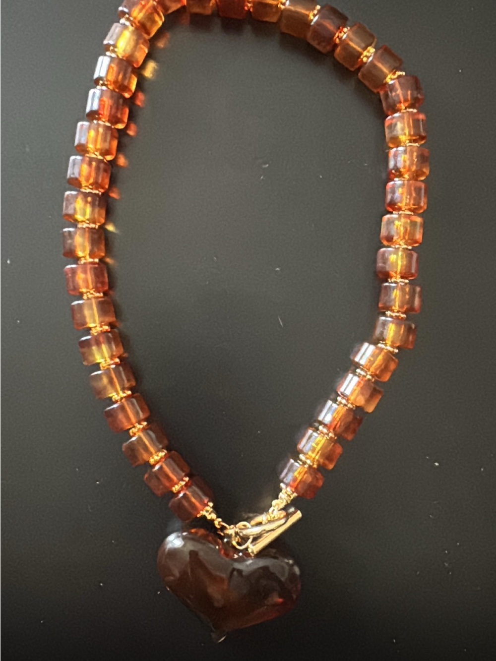 Amber Glass Bead Heart Pendant Necklace - Women Jewelry
